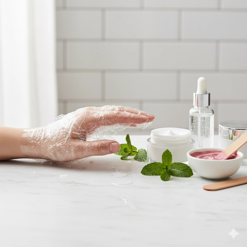 Eine Hand eingewickelt in Frischhaltefolie die nach Handcreme greift.