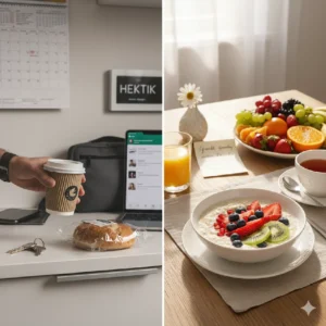 „Gesund durch den Tag!“ - oder vielleicht doch nicht?? 2 Frühstückstische 1x mit Früchten und 1x mit einer Semmel und Kaffee to go