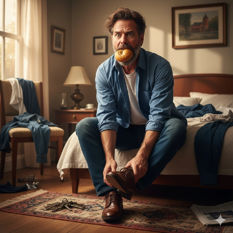 „Gesund durch den Tag!“ - oder vielleicht doch nicht?? Ein Mann auf einem Bett der sich die mit einer Semmel im Mund die Schuhe anzieht